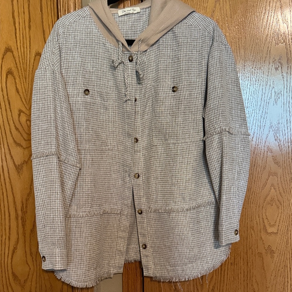 Checkered Button-Up Jacket with Hood/lightweight Shacket